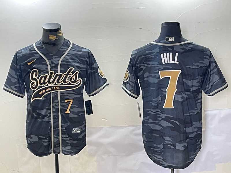 Mens New Orleans Saints #7 Taysom Hill Grey Camo With Patch Cool Base Stitched Baseball Jerseys